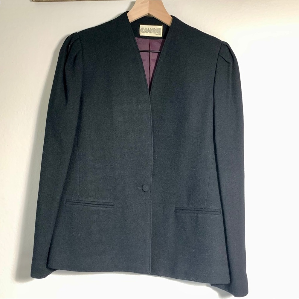 Vintage Gianni Sport Collar-less one button wool blazer pleated shoulder 7/8 Blk